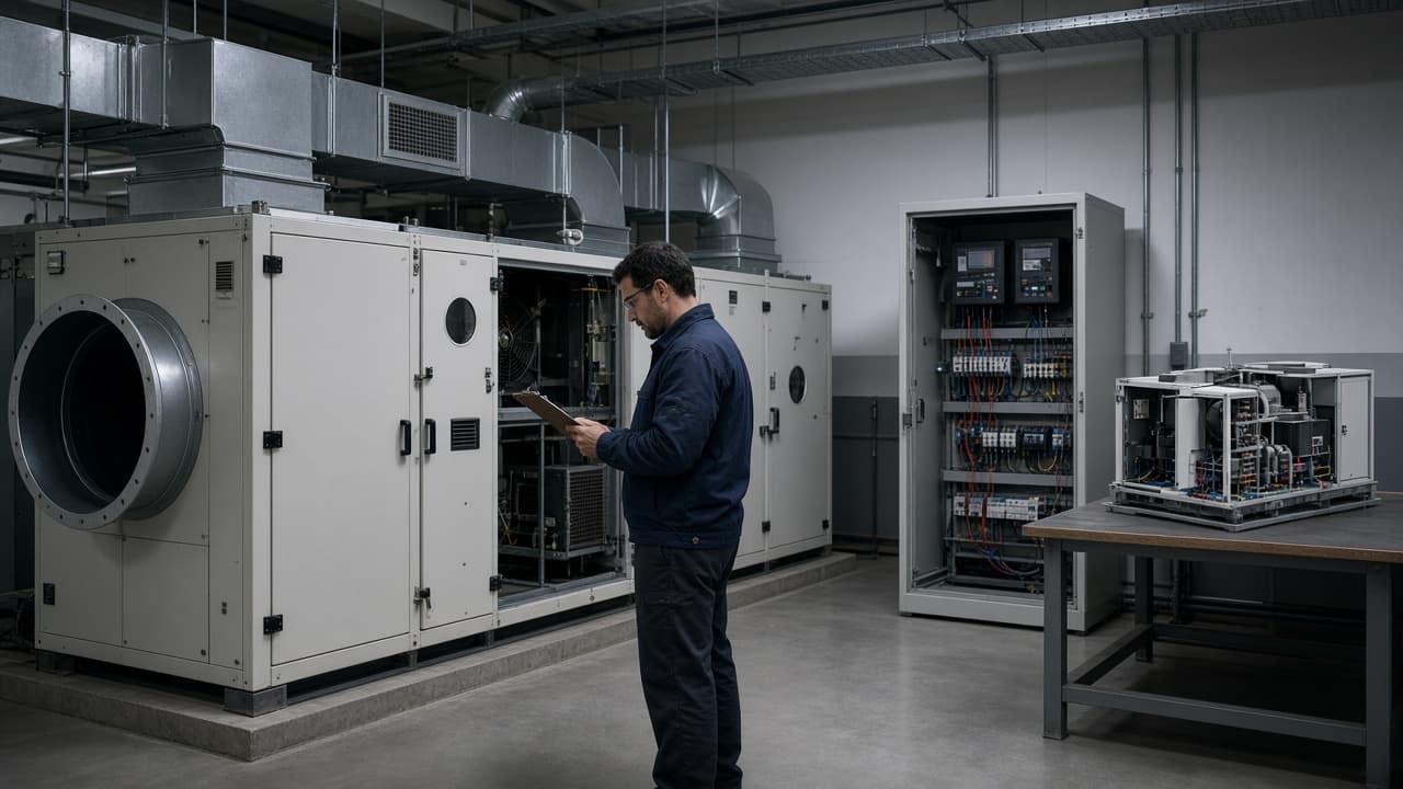 Air handling unit plant room with controls and diagrams disconnected from live telemetry