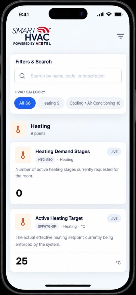 smartHVAC mobile Heating points — live heating demand stages and active heating target setpoint