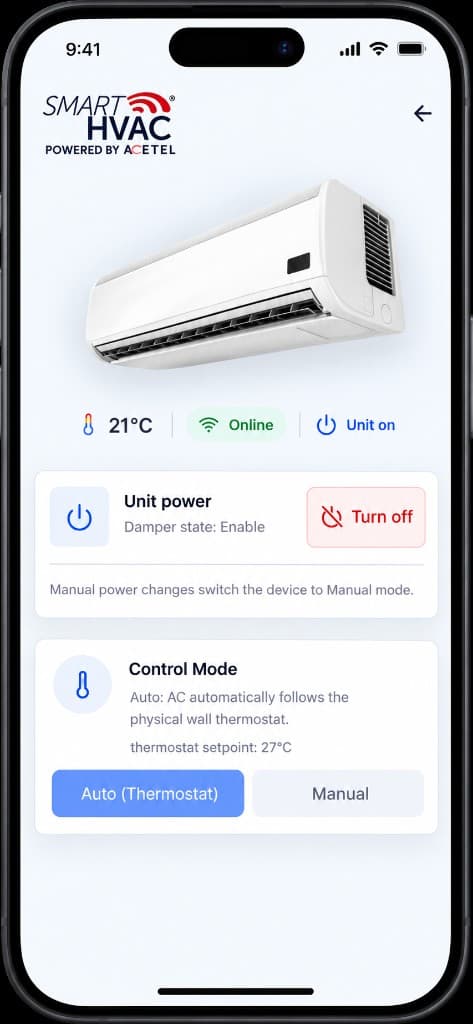 smartHVAC mobile control — unit power, damper state, and Auto/Manual thermostat mode on phone