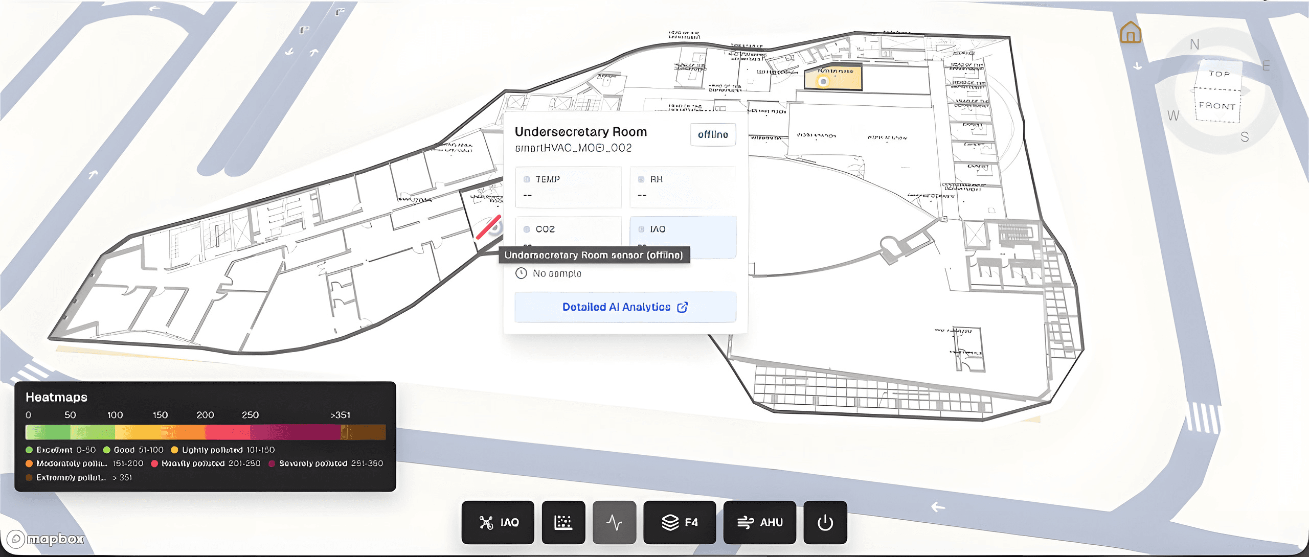 Room sensor modal showing offline IoT device status on the floor plan