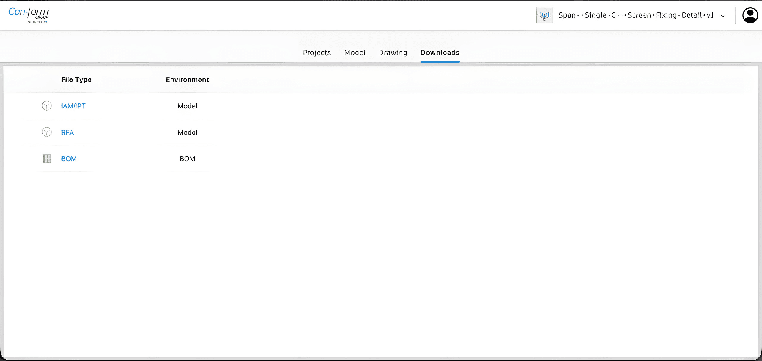 Downloads tab with IAM/IPT, Revit RFA, and BOM export options