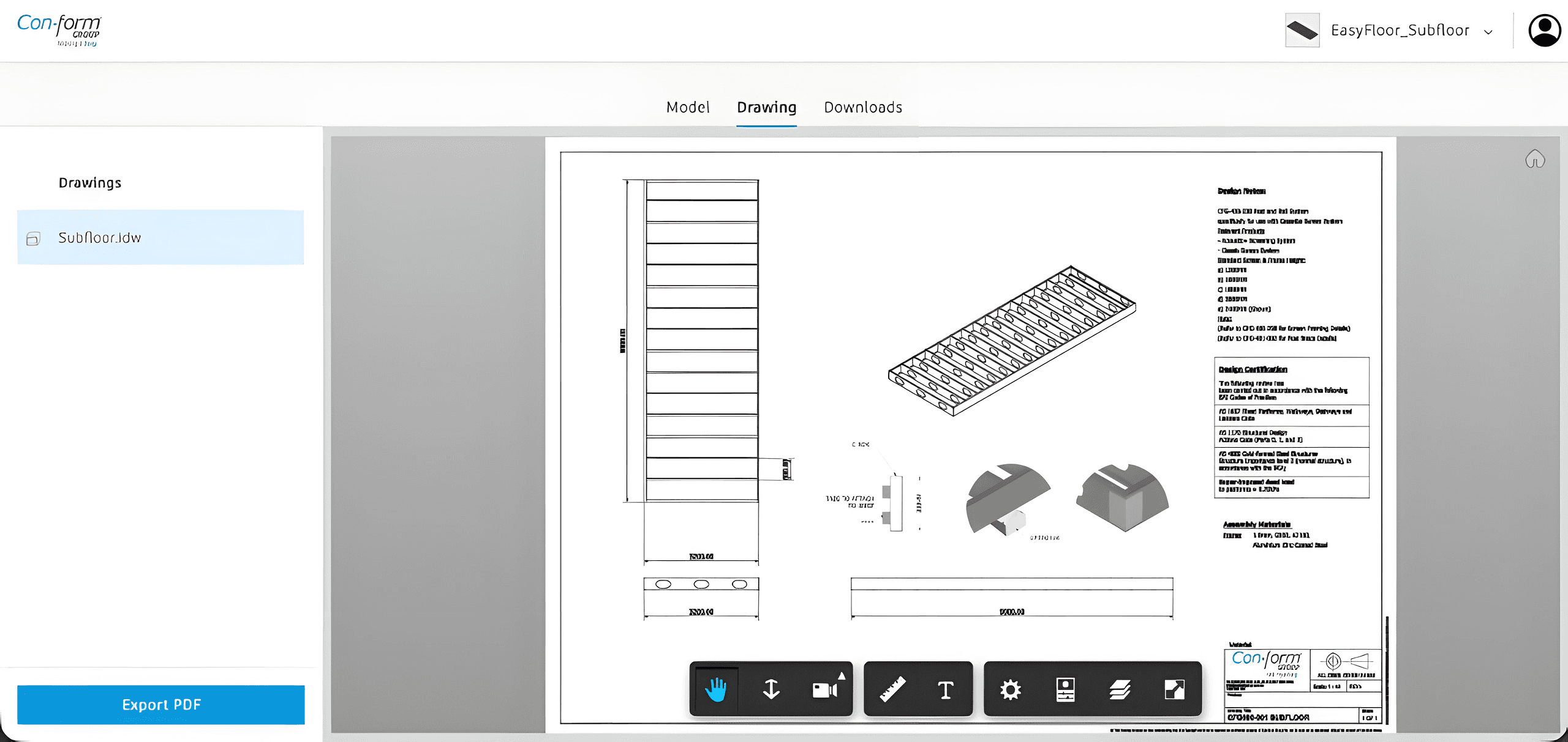 Inventor Subfloor drawing sheet with dimensions and Export PDF